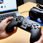 **DIY VR Controller:** A 3D printed VR controller with custom ergonomic design, buttons, and a joystick. Show a close-up of the controller being held, with a VR headset blurred in the background to imply gaming. Include a laptop displaying CAD software or a 3D printing interface in the background. The aesthetic should be techy but approachable, emphasizing the DIY aspect.