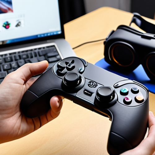 **DIY VR Controller:** A 3D printed VR controller with custom ergonomic design, buttons, and a joystick. Show a close-up of the controller being held, with a VR headset blurred in the background to imply gaming. Include a laptop displaying CAD software or a 3D printing interface in the background. The aesthetic should be techy but approachable, emphasizing the DIY aspect.