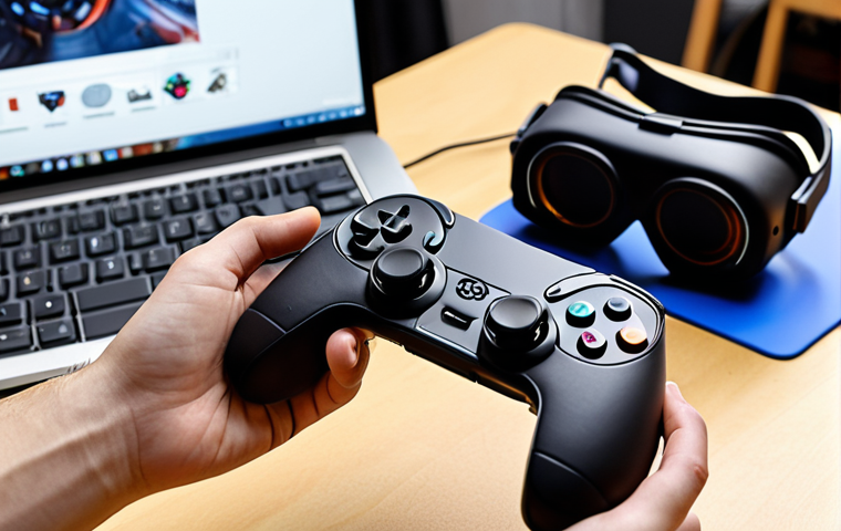 **DIY VR Controller:** A 3D printed VR controller with custom ergonomic design, buttons, and a joystick. Show a close-up of the controller being held, with a VR headset blurred in the background to imply gaming. Include a laptop displaying CAD software or a 3D printing interface in the background. The aesthetic should be techy but approachable, emphasizing the DIY aspect.